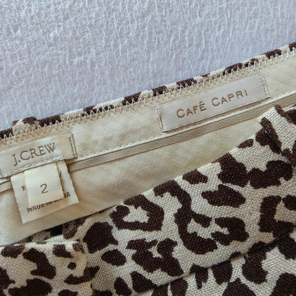 J. Crew Cafe Capri Leopard Print 100% Linen Pants Brown Tan Women Size 2